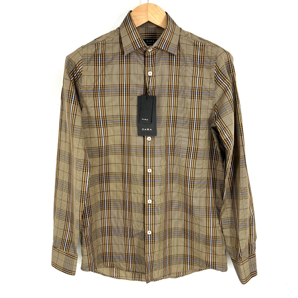 Zara Mens Brown Plaid Regular Fit Button Down Shirt Long Sleeve Small 5598/410